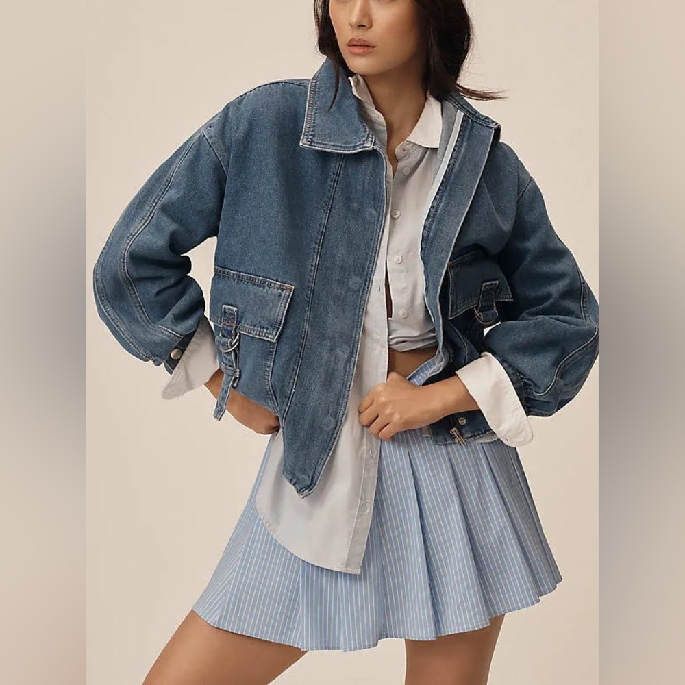 Pilcro Anthropologie Blue Denim Relaxed Fit Utility Bomber Jean Jacket XS